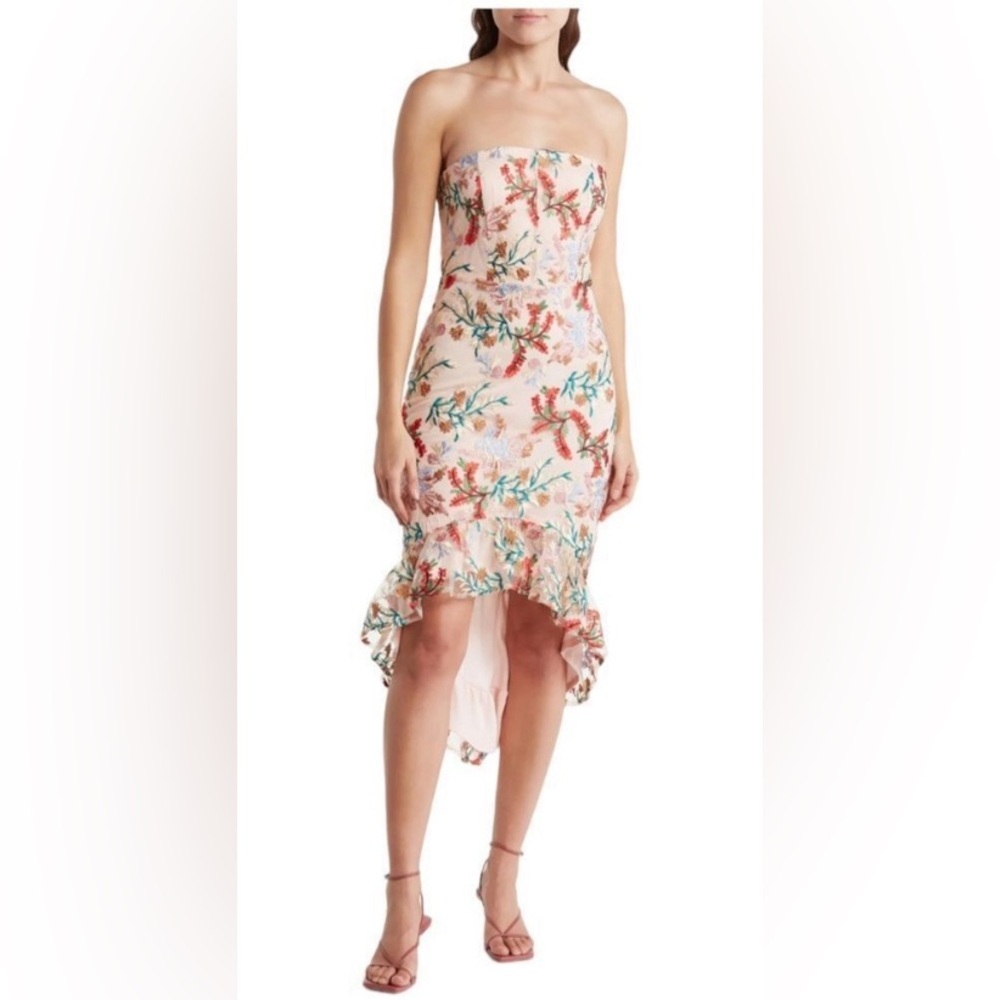 Sam Edelman Bouquet Floral Embroidered Strapless Sheath Dress